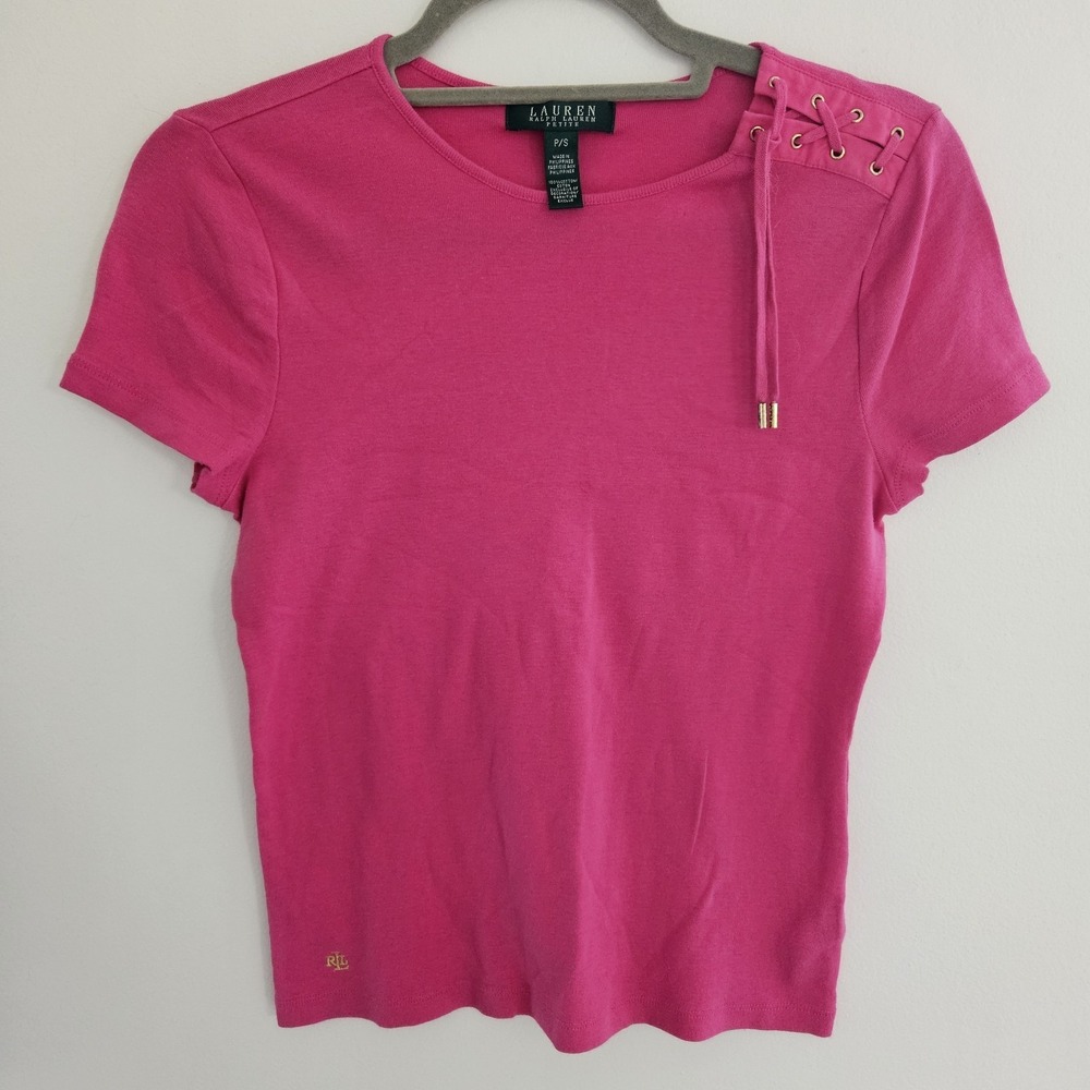 Ralph Lauren Women Pink Cotton Casual T Shirt Lace Up‎ Tie Front Shoulder Tassle
